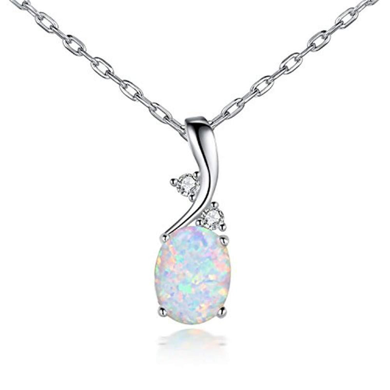 [Australia] - HMOOY Silver Plated Created Gemstone Birthstone Blue Oval Opal Pendant Necklace for Women Mother Girls 