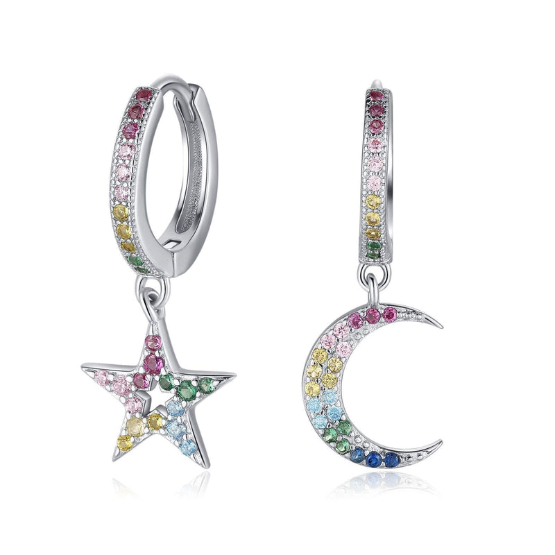 [Australia] - Qings Sterling Silver Huggie Hoop Asymmetrical Earrings with Moon/Star Colorful Cubic Zirconia Star Moon Dangle Mismatched Earrings Birthday Thanksgiving Christmas Gifts for Women Girls 