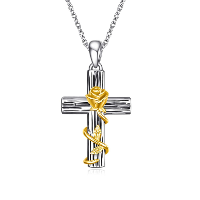 [Australia] - YFN Cross Necklace Sterling Silver Sunflower/Rose Cross Pendant Jewellery Gifts for Women Girls Black Gold 