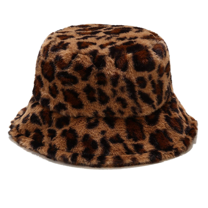 [Australia] - Umeepar Winter Faux Fur Bucket Hat Fluffy Warm Hat for Women Men Small Leopard Print Camel 