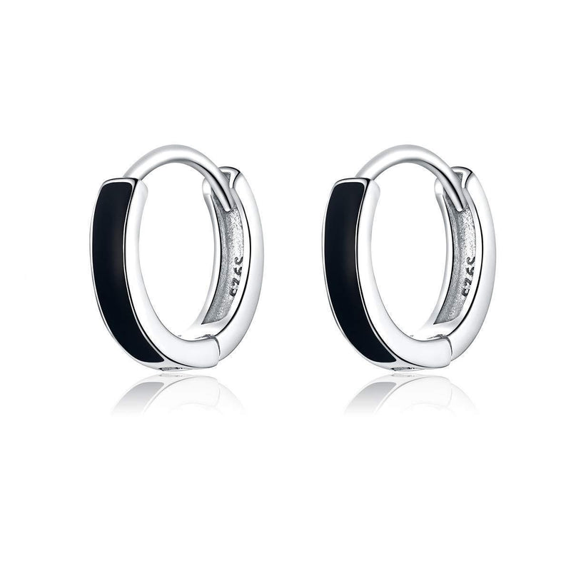 [Australia] - Deyanse Silver Hoop Earrings for Women, 925 Sterling Silver Hoop Earrings with Black Crystal, 13mm Small Sleeper Earrings, Allergy Free Round Circle Huggie Hinged Unisex Earrings, Gift for Men Girls 
