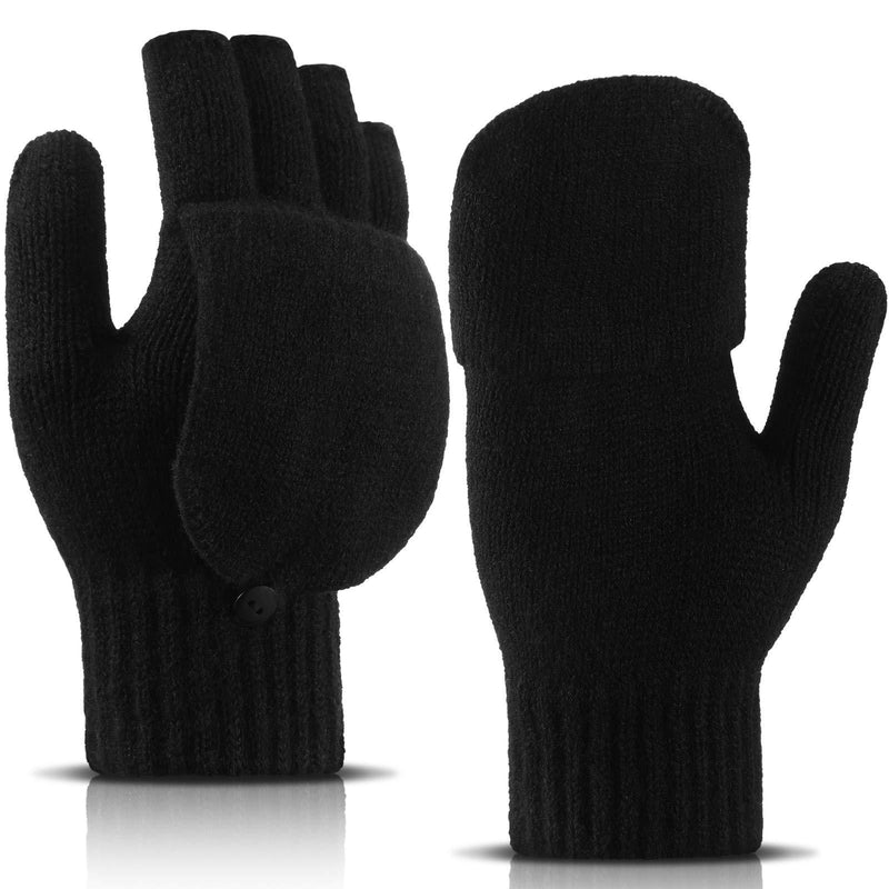 [Australia] - Women Convertible Gloves Fingerless Mittens Knitted Mittens Half Finger Gloves with Flip Cover for Women Men Cold Weather, Black 