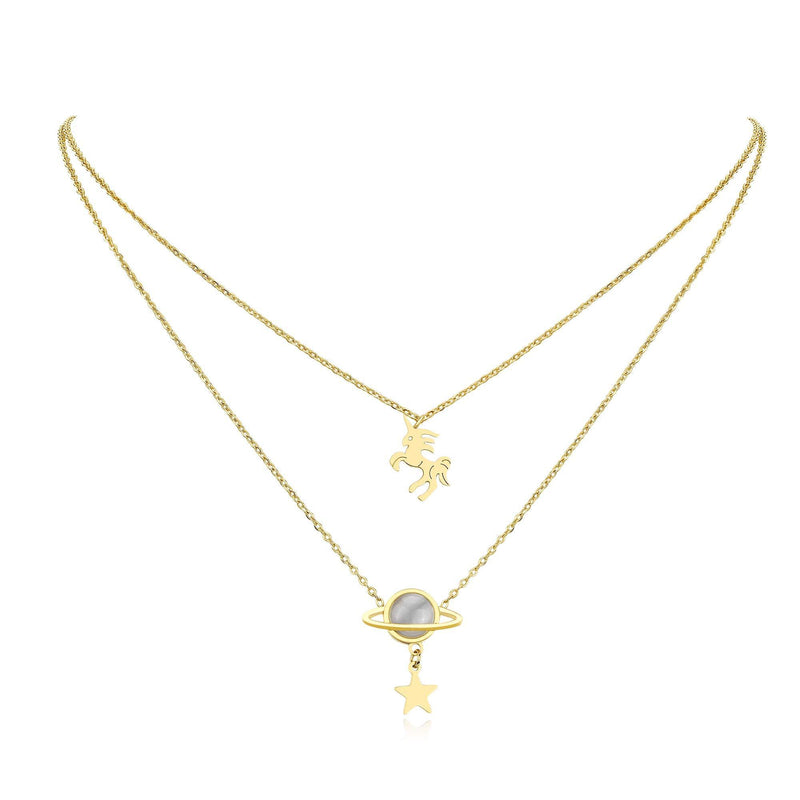 [Australia] - Qings Unicorn Planet Star Gold Plated Necklace 18K Trendy Layered Adjustable for Women and Girls 