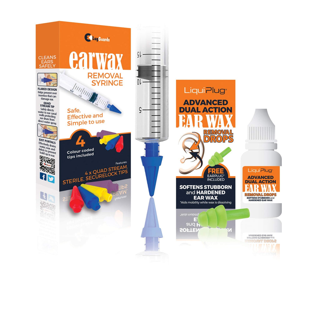 [Australia] - LUGGUARDS® 20ml Quad Stream Ear Wax Removal Syringe with 4 STERILE Colour Coded Tips & Liquiplug Advanced Dual Action Ear Drops 