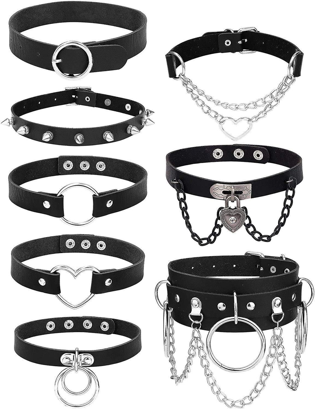 [Australia] - LOLIAS 8Pcs Women's PU Leather Gothic Choker Necklace Set Punk Chain Clavicle Black Leather Choker Sexy Spike Choker Necklace Rock Belt Love Heart Choker Adjustable Collar Choker Cosplayer A:Style A 