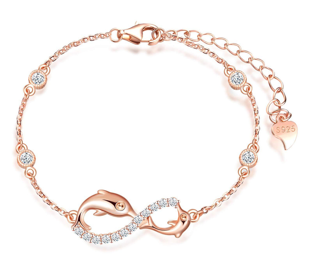 [Australia] - MicLee Woman's girl's Bracelet, 925 Sterling Silver bracelet, Cute dolphin and infinity symbol bracelet, Inlaid with zircon, adjustable chain, Unique design animal bracelet, silver, rose gold, gold 