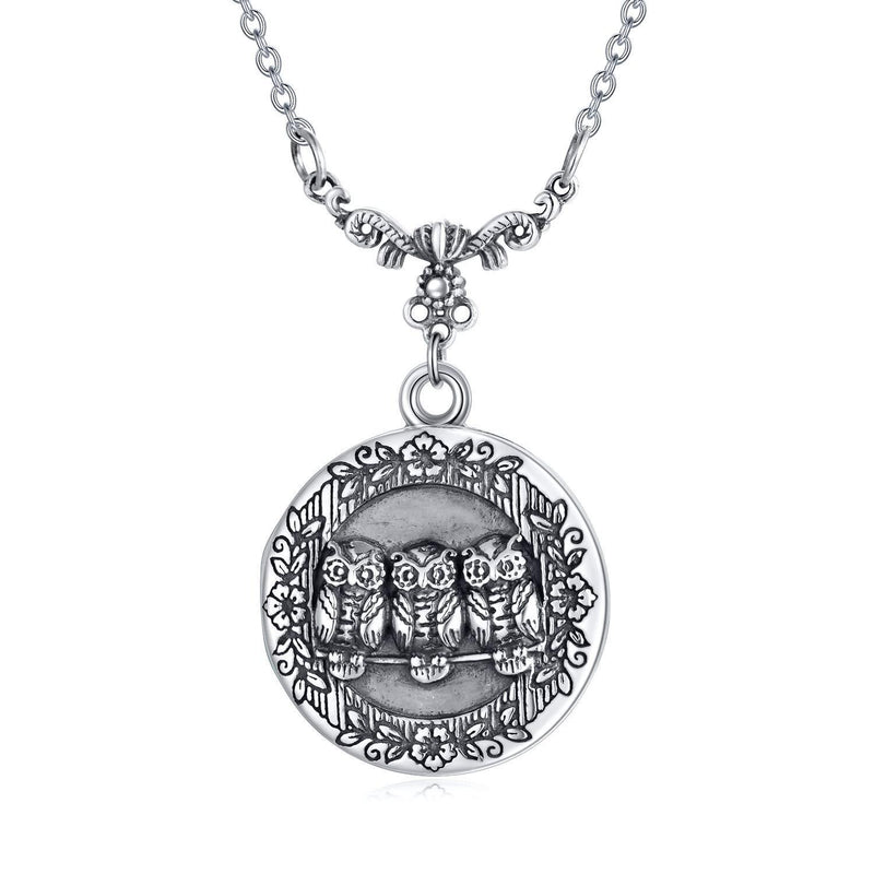 [Australia] - PEIMKO Three Owls Pendant Necklace 925 Sterling Silver Round Pendant Necklace Engraved With Wisdom, Photo Pendant Necklace That Holds Two Pictures, Owls Gifts for Women Girls 