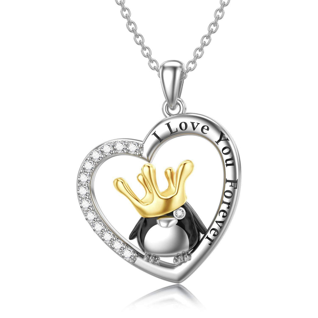 [Australia] - 925 Sterling Silver Lucky Penguin Necklace With Crown，Cute Animal Penguin Heart Pendant Necklaces for Women Mothers Day Penguin Gifts 