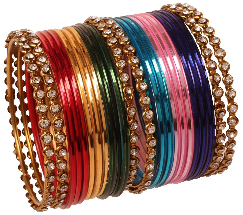 [Australia] - Touchstone "Colorful Collection Indian Bollywood Alloy Single Line Clear Rhinestone and Textured Color Bangle Bracelets in Antique Gold Tone for Women. Multicolor 2.25 Inches 