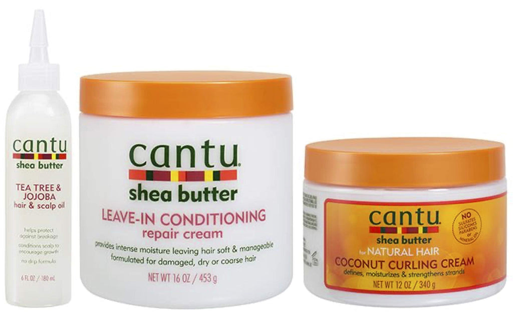 [Australia] - Cantu Shea Butter Tea Tree & Jojoba Hair & Scalp Oil, Leave-In conditioning Repair Cream & Coconut Curling Cream Combo (Set of 3) 