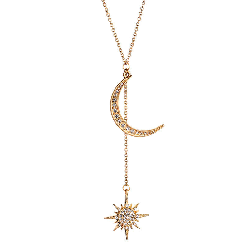 [Australia] - ZBOMR Unique Moon and Star Pendant Necklace Fashion Crystal Cubic Zirconia Crescent Moon Star Phase Necklace Long Chain Jewelry for Women Girls Ladies Gold 