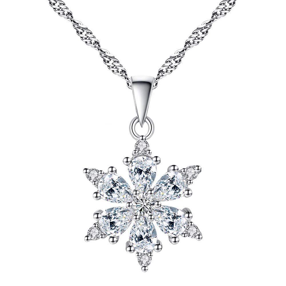 [Australia] - OOK Lucky Snowflake Necklace Long Pendant Necklace with White Cubic Zirconia Silver Jewelry Christmas New Year Holiday Gifts for Women Girls 