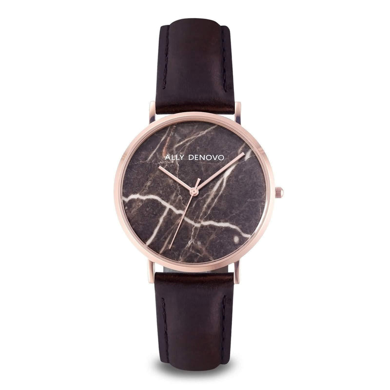[Australia] - Ally Denovo Carrara Marble AF5005.12 Women's Watch with Leather Strap Analogue Rose Gold-Plated 