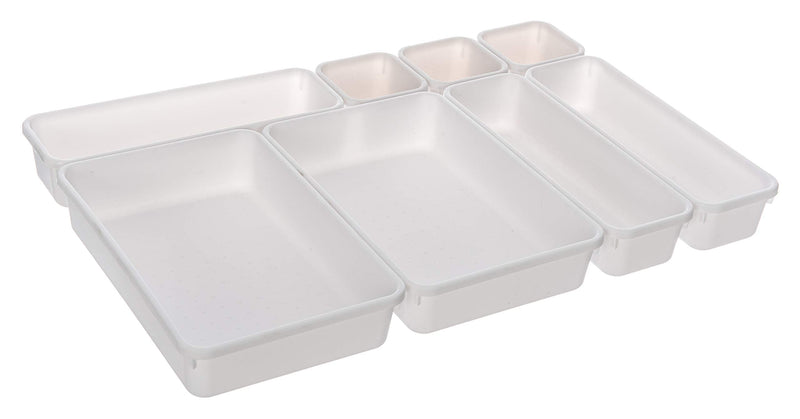 [Australia] - FiNeWaY 8pc Interlocking Drawer Organiser Plastic Storage Separator Tray Boxes Cutlery Compartment Kitchen Bedroom Bathroom Desk Office De-Clutter Tidy (White) White 