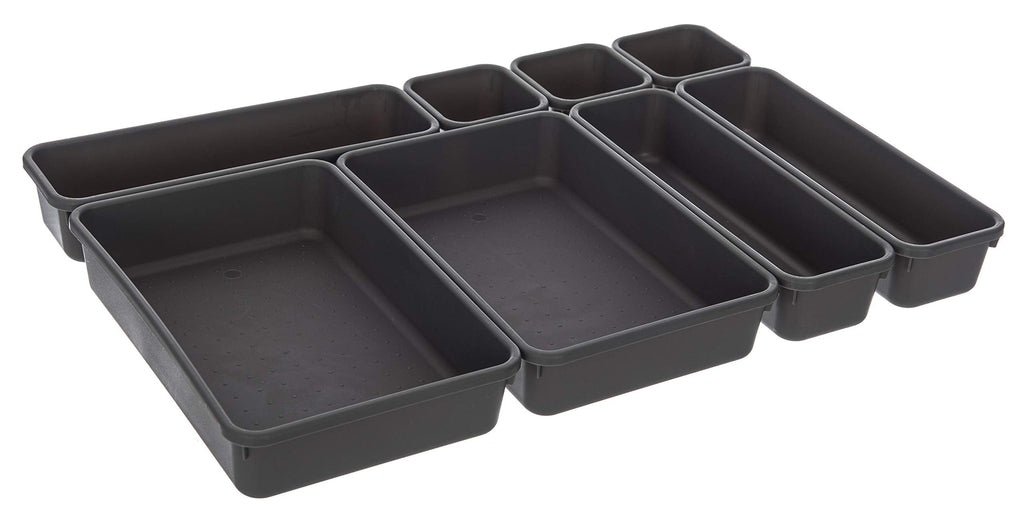 [Australia] - FiNeWaY 8pc Interlocking Drawer Organiser Plastic Storage Separator Tray Boxes Cutlery Compartment Kitchen Bedroom Bathroom Desk Office De-Clutter Tidy (Grey) Grey 