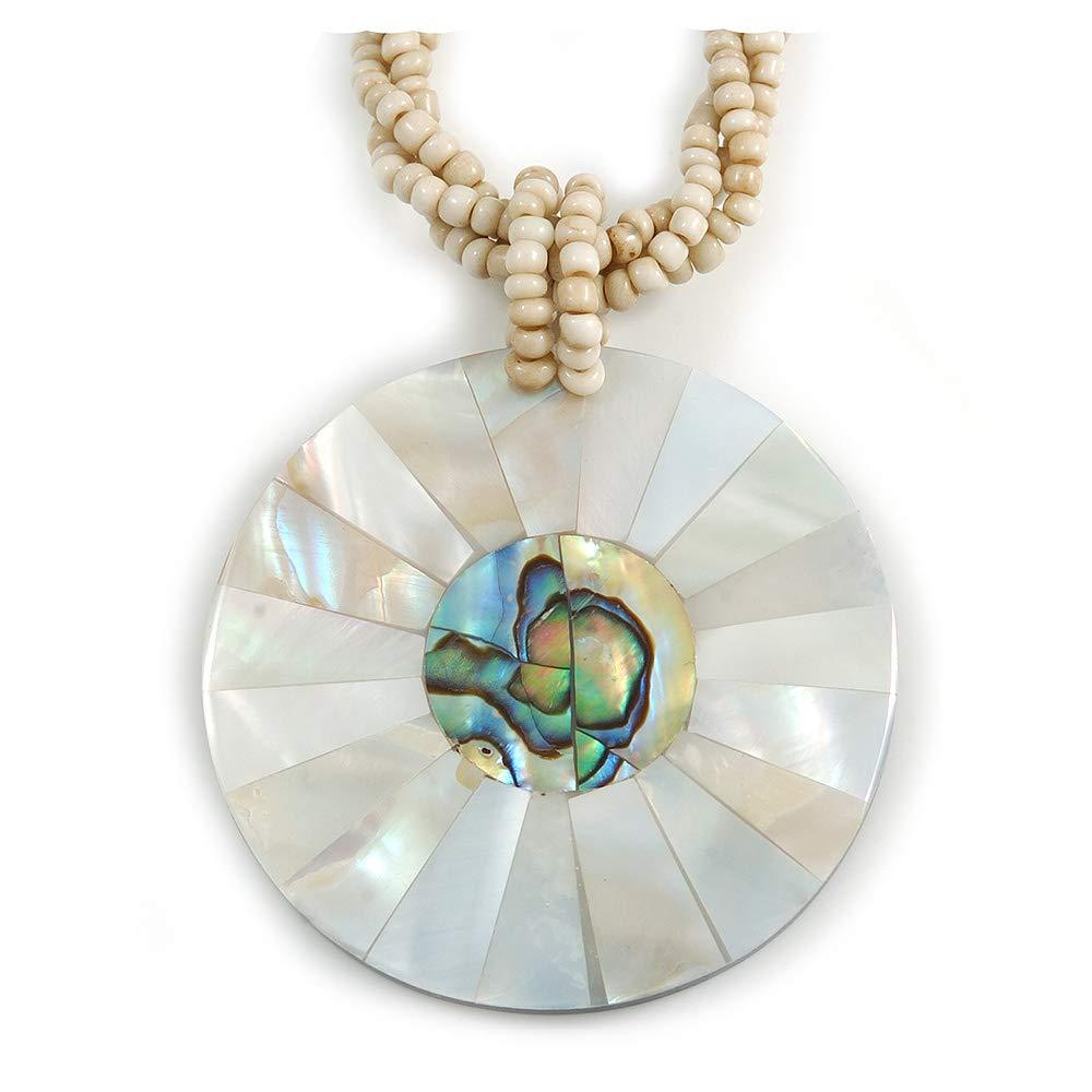 [Australia] - Avalaya Mother of Pearl Round Pendant with Twisted Glass Bead Necklace in Antique White - 44cm L/ 50mm Diameter 