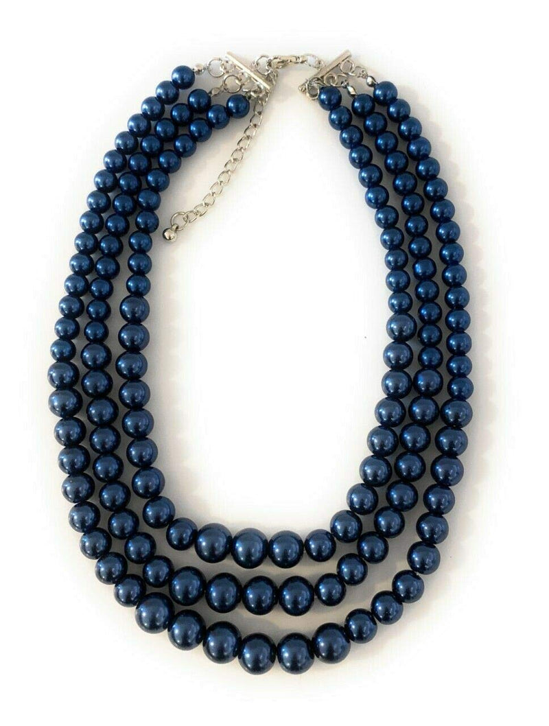 [Australia] - Womens Faux Pearl 3 Layer Multi Strand Gatsby Necklace Statement Bib Bead Navy 