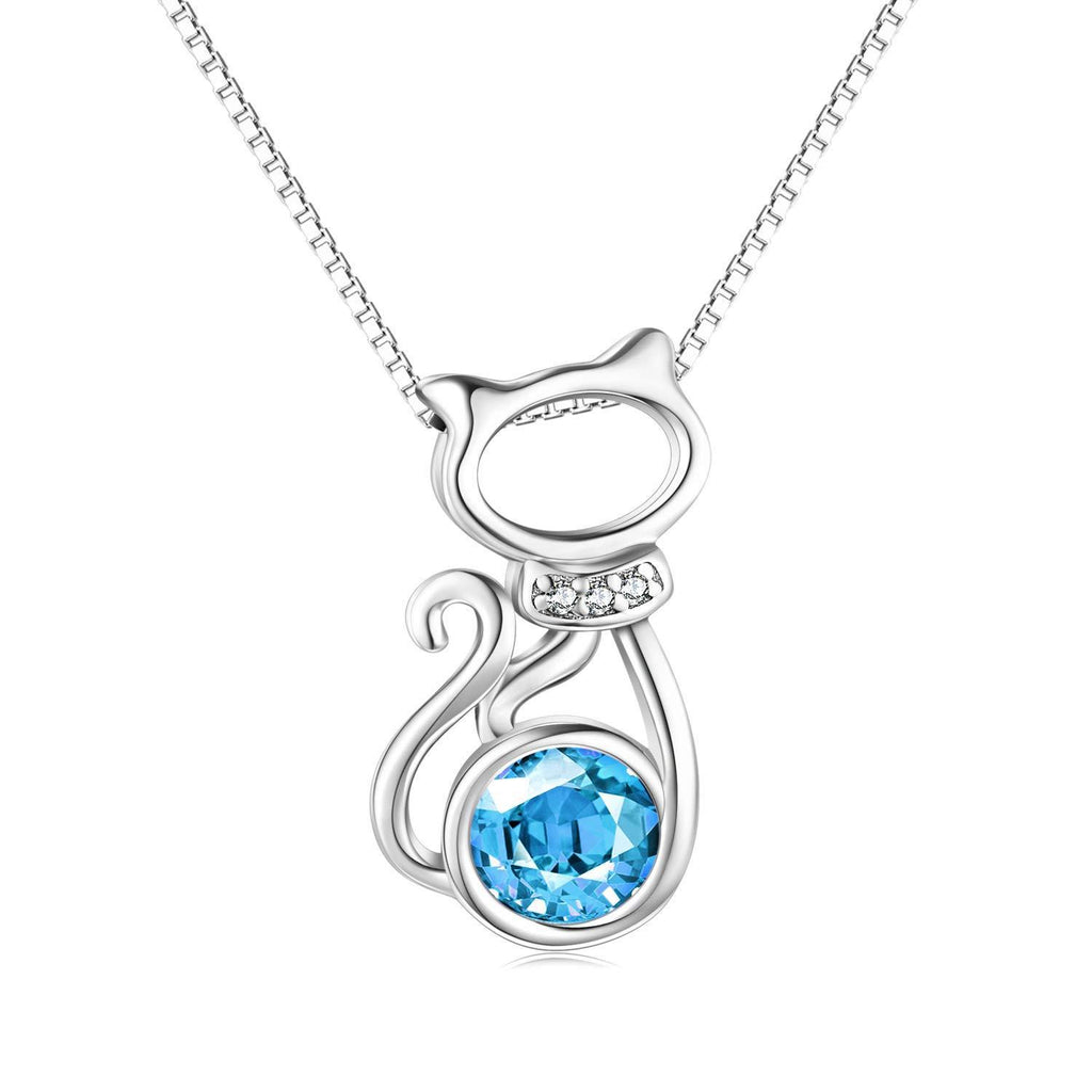 [Australia] - 925 Sterling Silver Cute Cat Pendant Necklace with Pink Crystal from Austria, AOBOCO Jewellery gifts for women girls Blue 