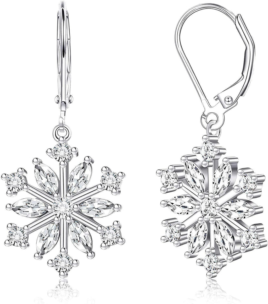 [Australia] - Milacolato 925 Sterling Silver Snowflake Drop Earrings for Women 18K White Gold Plated Leverback Dangle Snowflake Earrings High Polished Silver Dangle Drop Earrings 