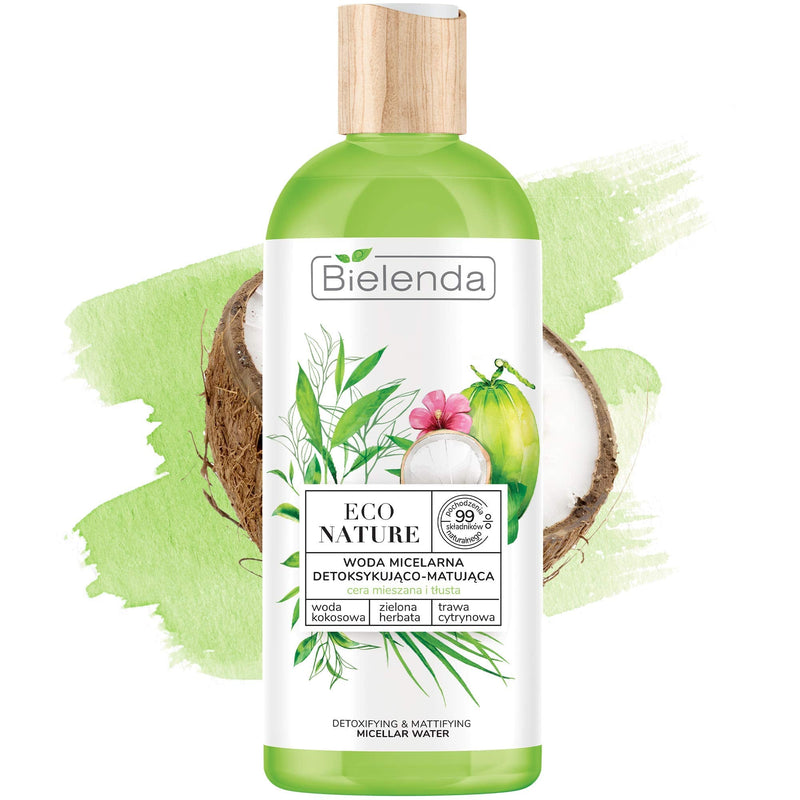 [Australia] - Bielenda Eco Nature - Maintains Natural Hydro Lipidic Balance Reduces Shiny Look - Eco Nature - Coconut Water + Green Tea + Lemon Grass - Micellar Water Detoxifying-Matting - 500 ml Mixed And Oily Skin 
