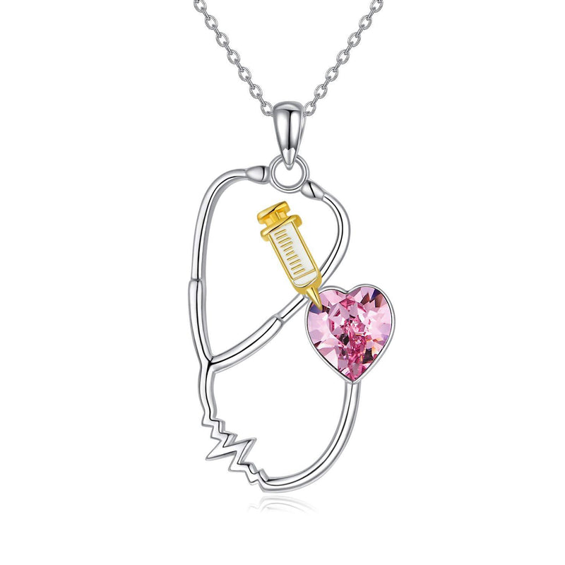 [Australia] - Nurse Gift, Silver Love Heart Necklace with Pink Crystal, Stethoscope Necklace with Syringe Element, 18K Gold Plated, Nurse Necklace for Women Gift for Doctors, 45+5cm Chain Extendable 