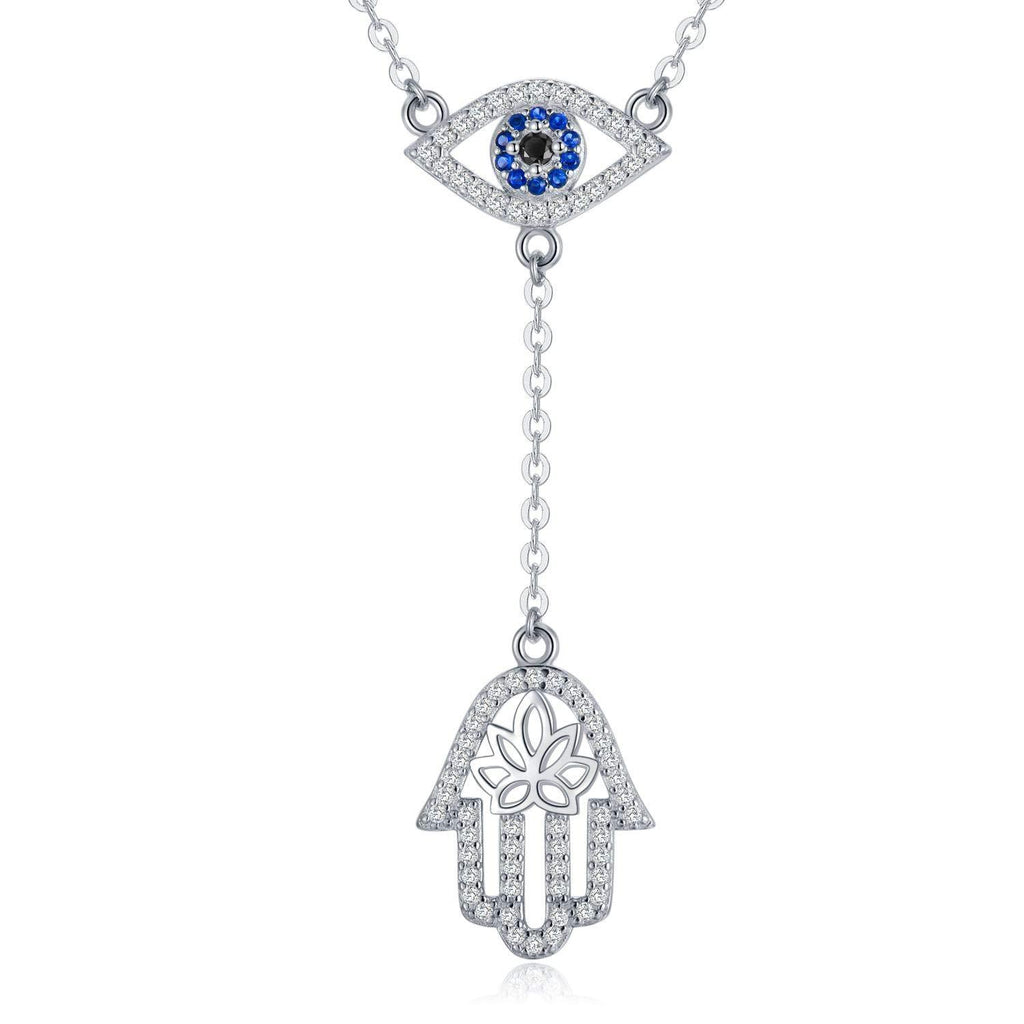[Australia] - Sterling Silver Evil Eye Pendant Necklace Blue Cubic Zirconia Pendant Necklace For Women Girls 18inch,White/Yellow Gold Plated Available Evil Eye With Hamsa Hand 