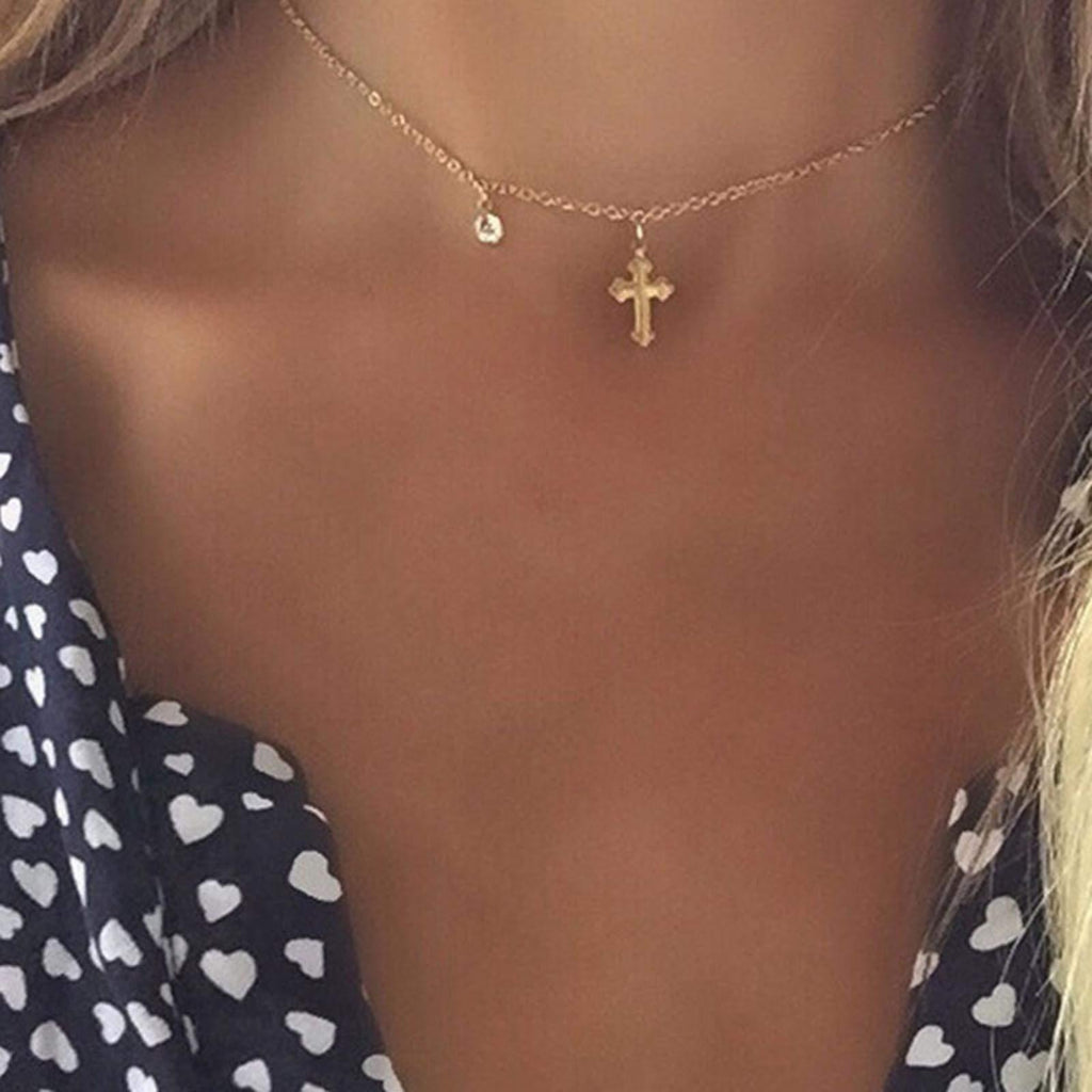 [Australia] - TseenYi Cross Pendant Necklace Chain Gold Crystal Choker Necklace Thin Short Chain Necklaces Religion Jewelry for women and Girls 