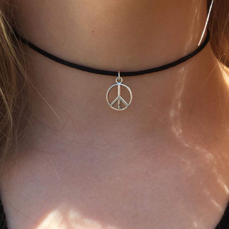 [Australia] - TseenYi Peace Choker Necklace Boho Short Leather Necklace Jewelry Skinny Chain Hippie Necklaces Jewelry for Women and Girls 