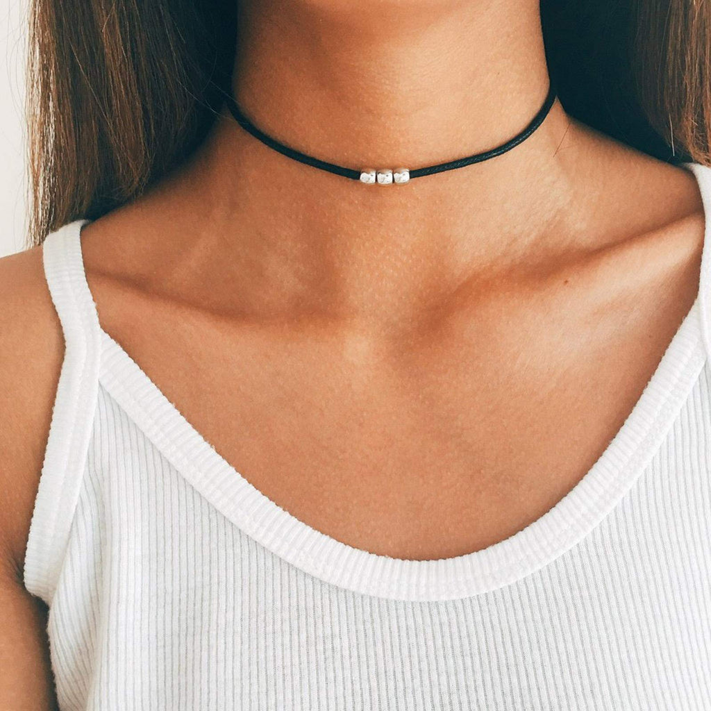 [Australia] - TseenYi Boho Turquoise Bead Choker Necklace Short Black Necklace Simple Collar Necklace Jewelry for Women and Girls (Silver) Silver 