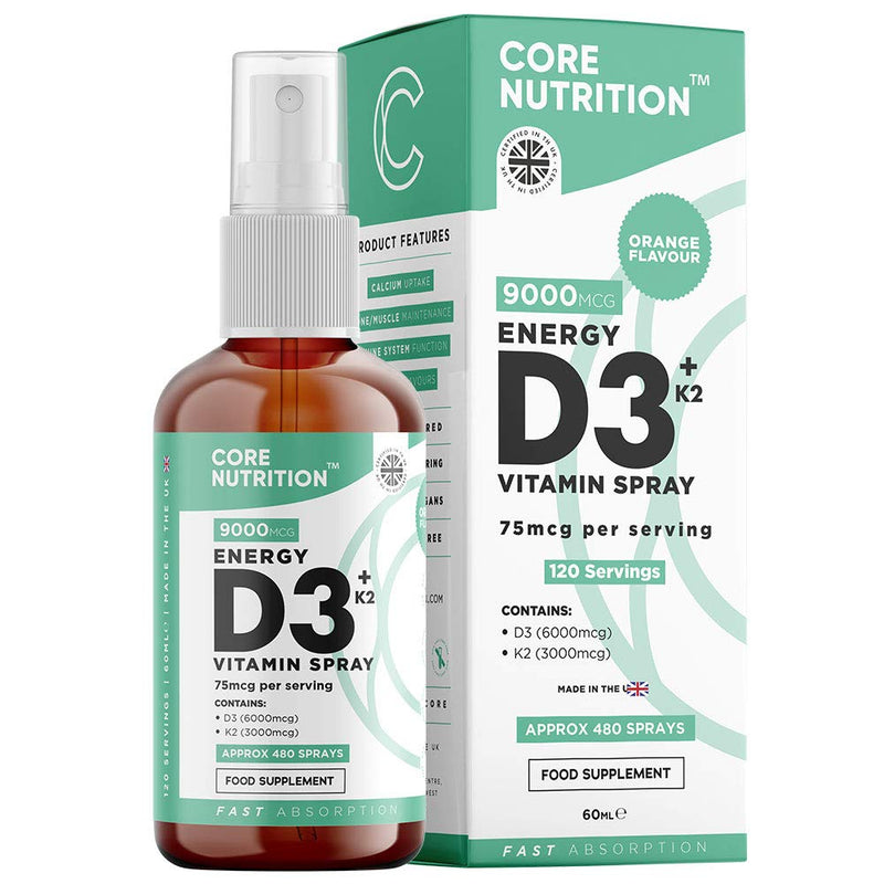 [Australia] - Core Vitamin D3 K2 Spray | 2000iu (50mcg) Vitamin D3 + 25mcg Vitamin K2 (MK7) High Strength | 60ml for 120 Day Supply | 100% Vegan | Natural Orange Vitamin D Spray by Core Nutrition 