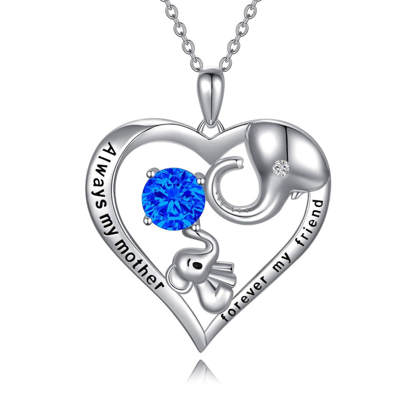 [Australia] - Mum Necklace Sterling Silver Love Heart Lucky Elephant Necklace with Birthstone Crystals, Birthday Mothers Day Jewellery Gifts for Mum from Daughter Son I-september-simulated Sapphire 