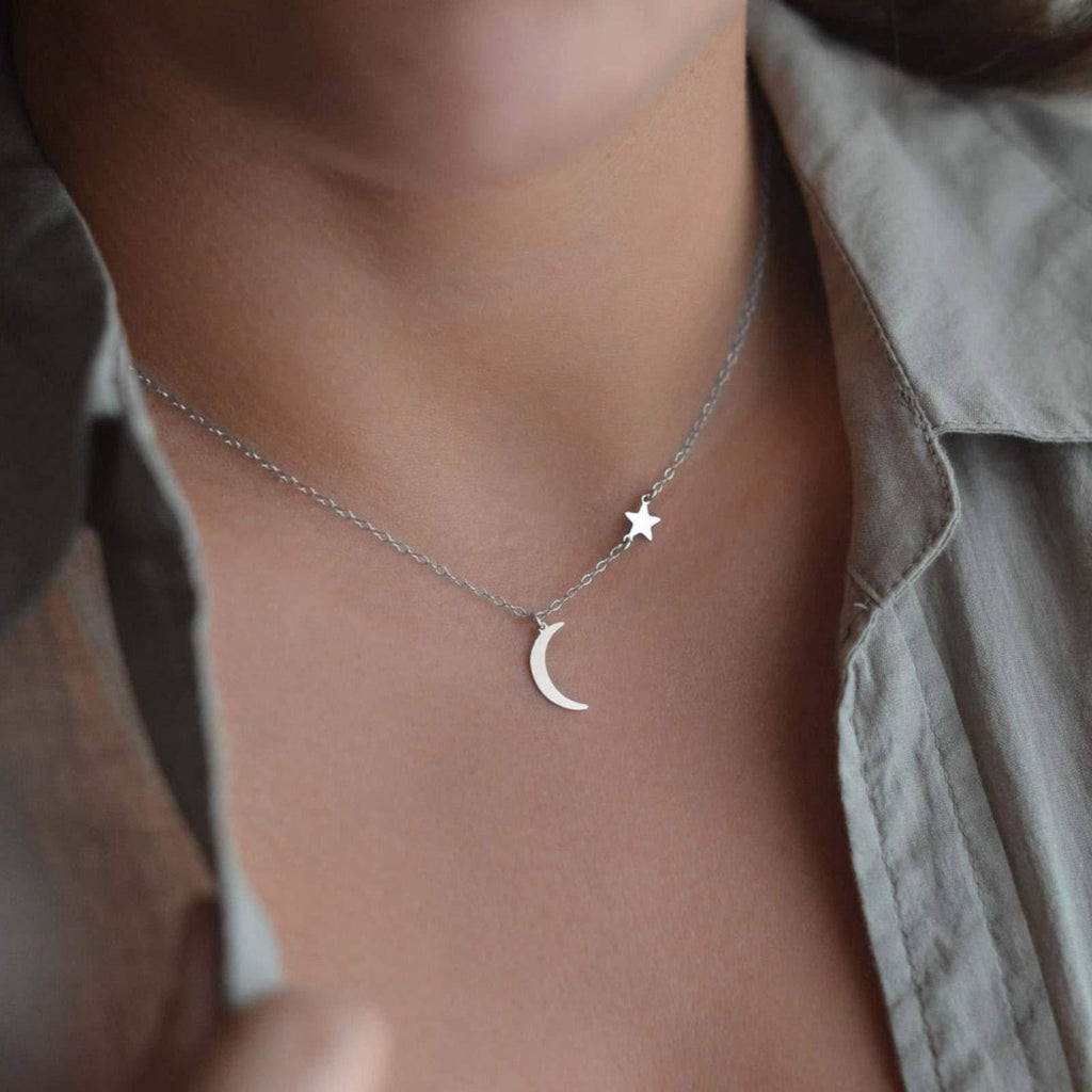 [Australia] - TseenYi Moon Pendant Necklace Chain Tiny Gold Star Choker Necklace Boho Chain Necklace Jewelry for women and Girls (Silver) Silver 