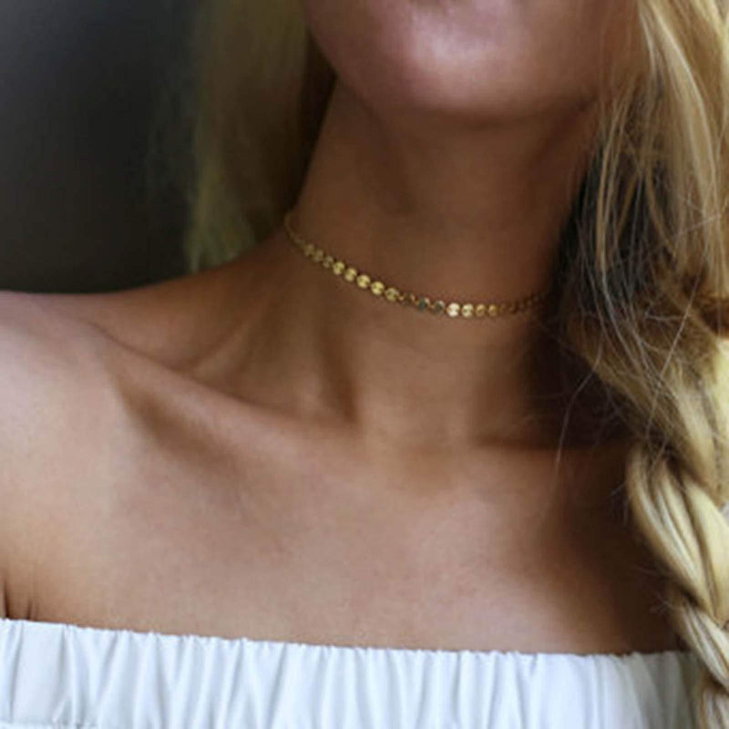 [Australia] - TseenYi Sequin Necklace Choker Small Disc Coins Gold Chain Necklace Short Boho Clavicle Necklace Chain Jewelry for Women and Girls (Gold) 