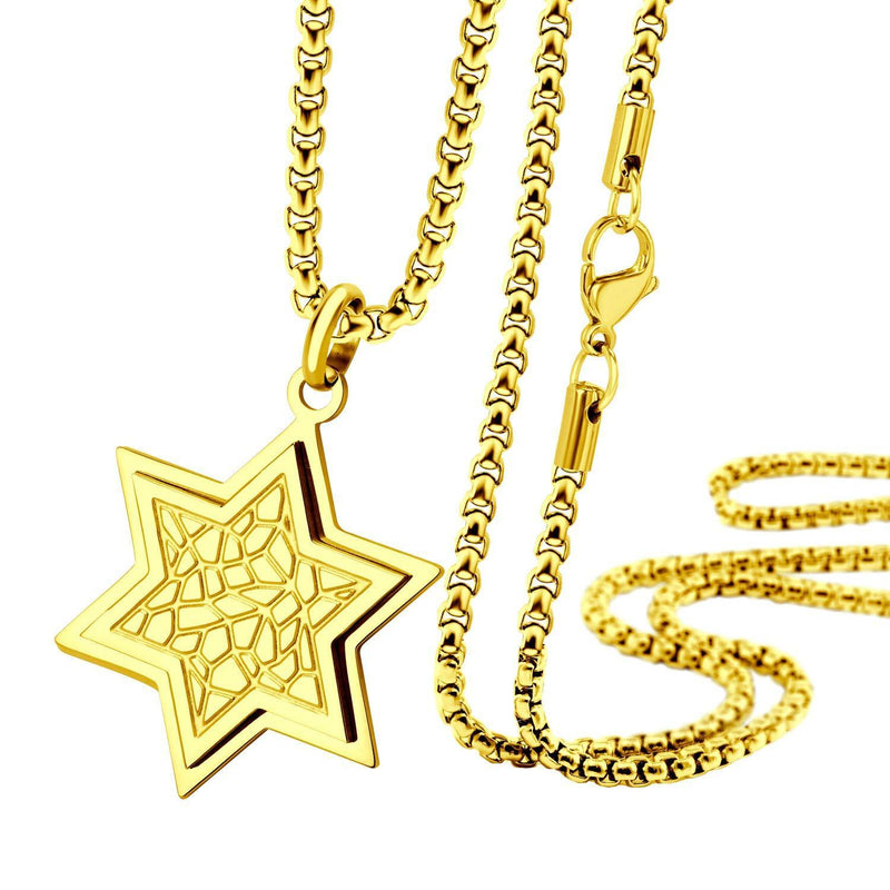 [Australia] - 555Jewelry Stainless Steel Patterned Star of David Necklace for Men & Women, 16-24 Inch Box Chain Gold 20.0 Inches 