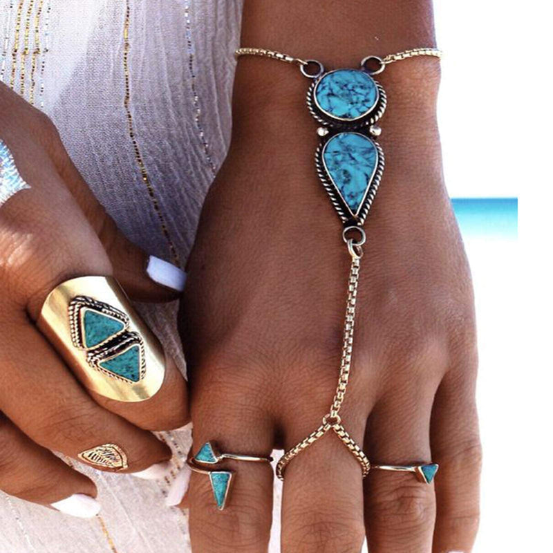 [Australia] - TseenYi Turquoise Finger Ring Bracelet Silver Wrist Finger Bracelet Boho Slave Chain Bracelet Hand Harness Chain Jewelry for Women and Girls 