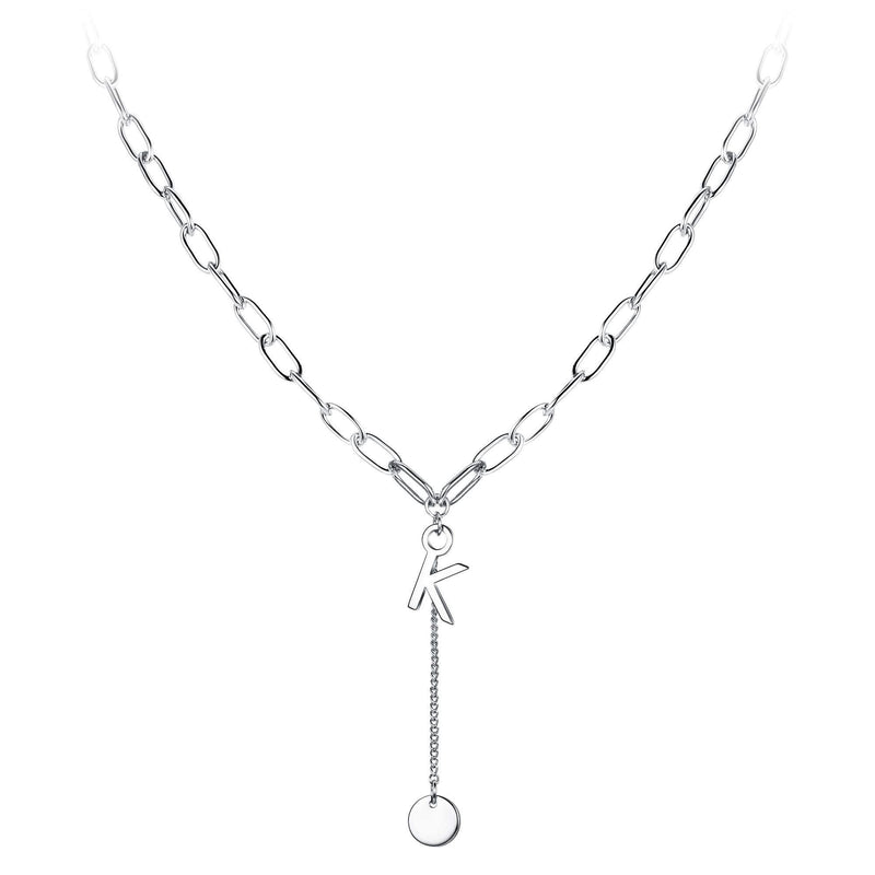 [Australia] - Ever Faith Simple Alphabet Initial Letter K Necklace Pendant Choker Round Disc Paperclip Chain Jewelry Gift for Women Silver-Tone 