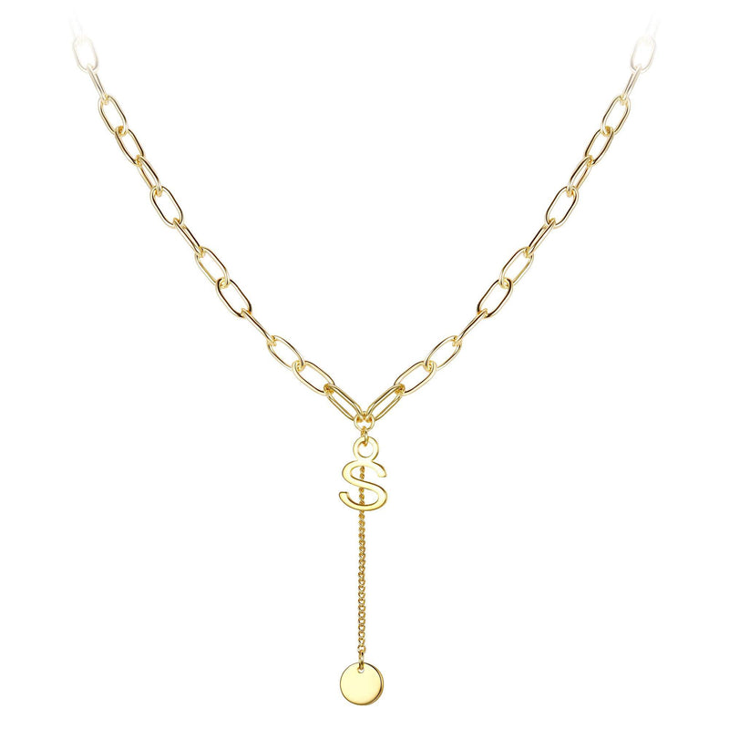 [Australia] - Ever Faith Little Letter S Round Vintage Paperclip Chain Initial Necklace Simple Alphabet Pendant Choker for Women Gold-Tone 
