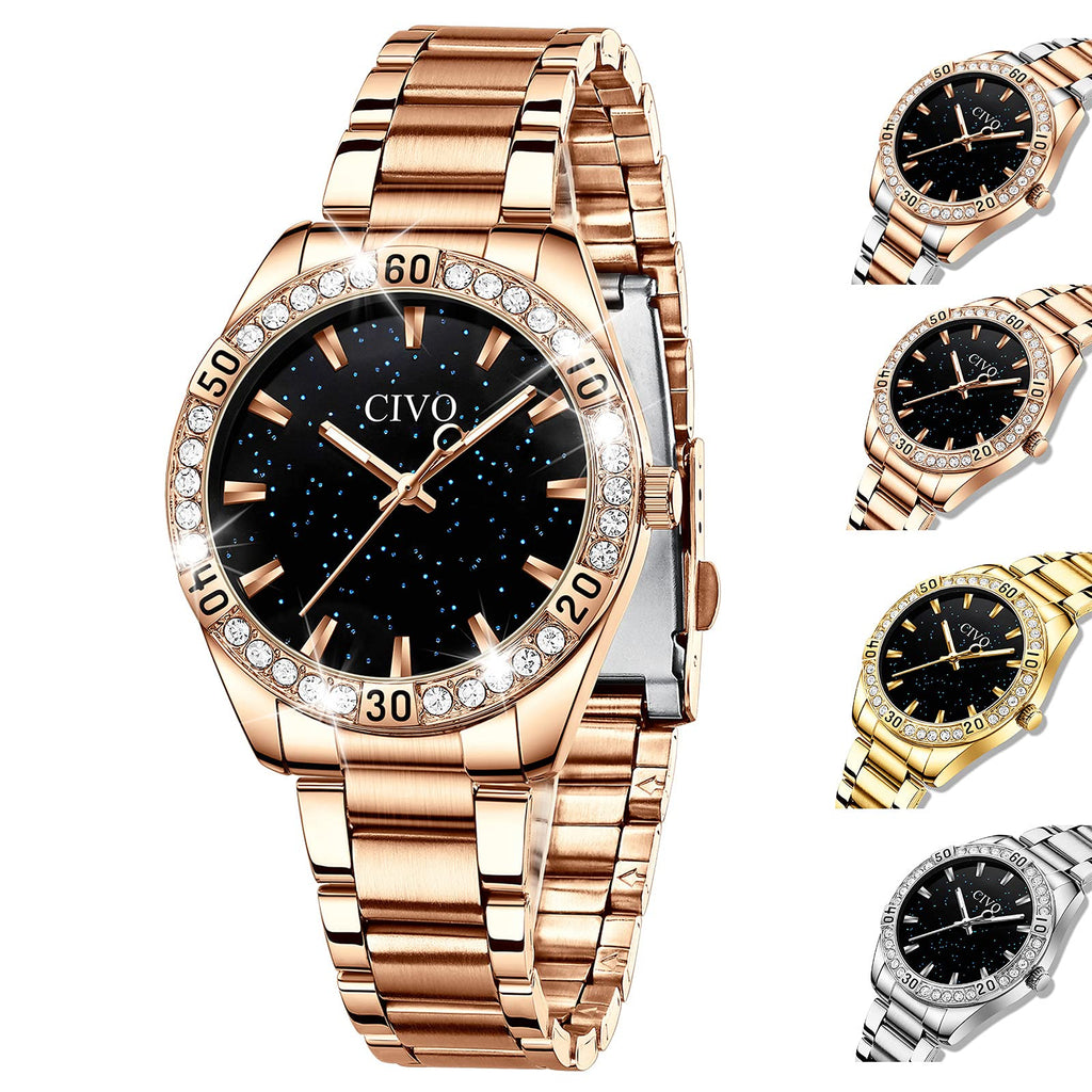 [Australia] - CIVO Women Watches Ladies Rose Gold Starry Sky Designer Analogue Watches for Women Ladies Stainless Steel Waterproof Luminous Fashion Stone Set Dress Wrist Watch Silver 2 Rosegold 