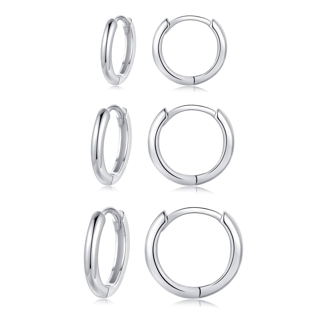 [Australia] - Silver Hoop Earrings for Women, Small Sterling Silver Huggie Earrings | Tiny Cubic Zirconia Cartilage Cuff Earrings Hoop Gold Piercing Jewellery for Girls Men Teens (8mm/10mm/12mm) 3 Pairs-8/10/12mm-Silver Hoop 