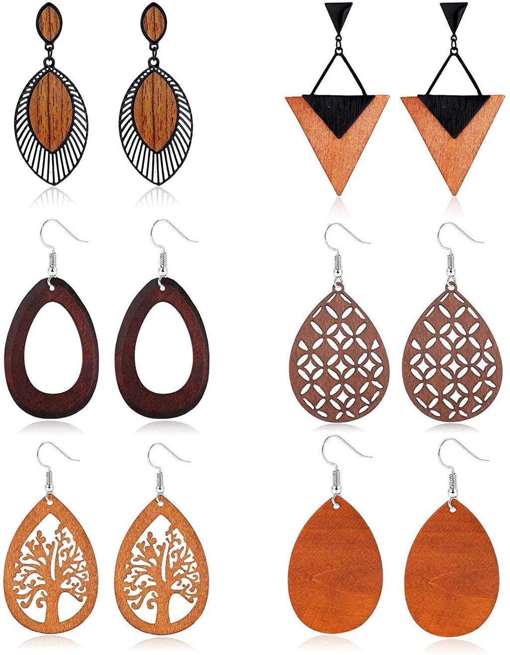 [Australia] - LOLIAS 6Pairs Wooden Dangle Drop Earrings for Women African Earrings Natural Wood Teardrop Dangling Hoop Earrings Ethnic Statement Lightweight Triangle Pendant Leaf Earrings Set 