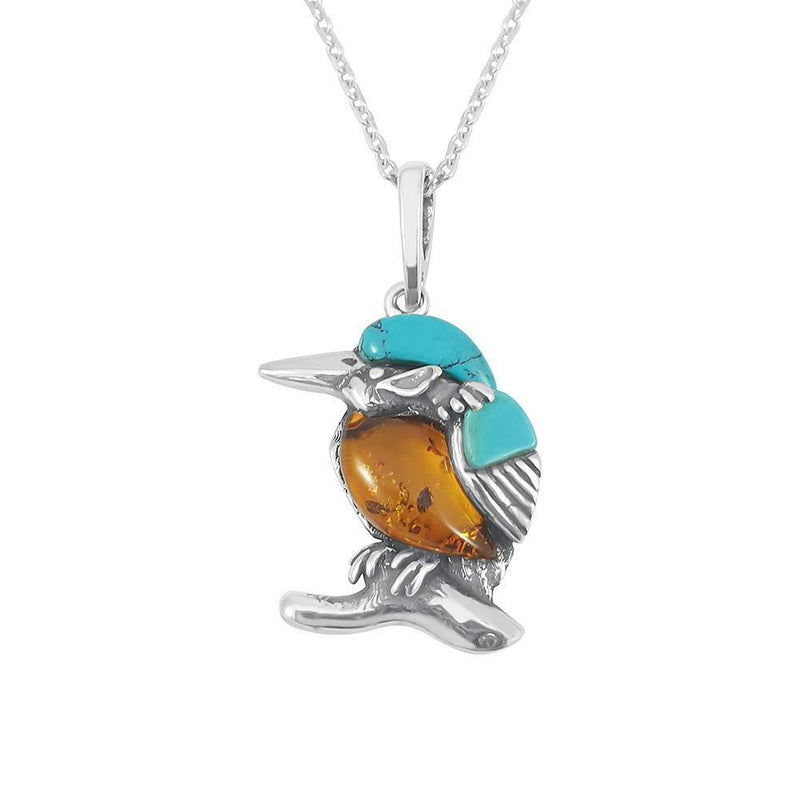 [Australia] - Kiara Jewellery Sterling Silver Multicolour Small Kingfisher Bird Pendant Necklace Inset With Baltic Amber And Turquoise on 18" Sterling Silver Trace Chain 