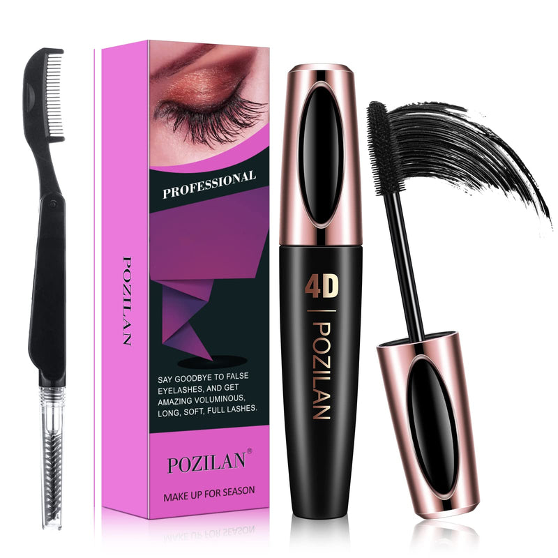 [Australia] - 4D Silk Fiber Lash Mascara Waterproof Black with Folding Eyelash Comb Brush - Lengthening, Volumizing, Long-Lasting, Natural Eye Makeup (01 Black) 01 Black 