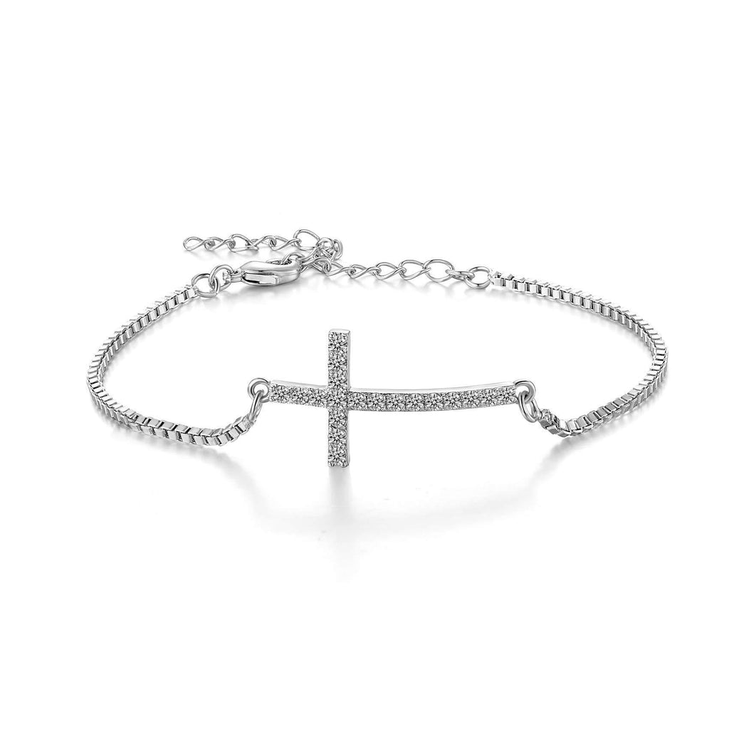 [Australia] - CRASLYMO Women's Bracelet Gift, Sterling Silver Cross Bracelet Cubic Zirconia Charm Adjustable Bracelets, Silver Jewellery Birthday for Women Girls 