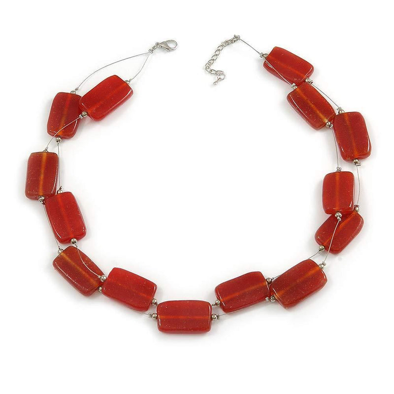 [Australia] - Avalaya Two Strand Square Red Glass Bead Silver Tone Wire Necklace - 48cm L/ 5cm Ext 