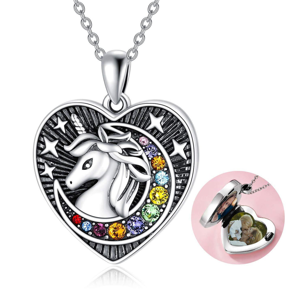 [Australia] - Unicorn Gifts for Girls, Sterling Silver Unicorn Locket Necklace that Holds Pictures, Heart Locket Memory Birthday Jewellery Gifts for Daughter Women 