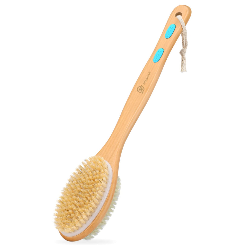 [Australia] - FREATECH Bath Shower Brush Back Scrubber - 44cm Long Wooden Handle Double-sided Back Brush Body Exfoliator, Soft and Stiff Bristles for Wet or Dry Brushing, Cellulite Removal and Lymphatic Drainage Blue 