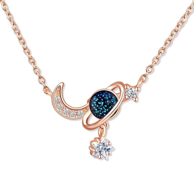 [Australia] - MicLee Women's girl's Necklace pendant, 925 Sterling Silver necklace, Moon and blue dream planet necklace, Shiny and beautiful pendant, Inlaid zircon, silver and rose gold 