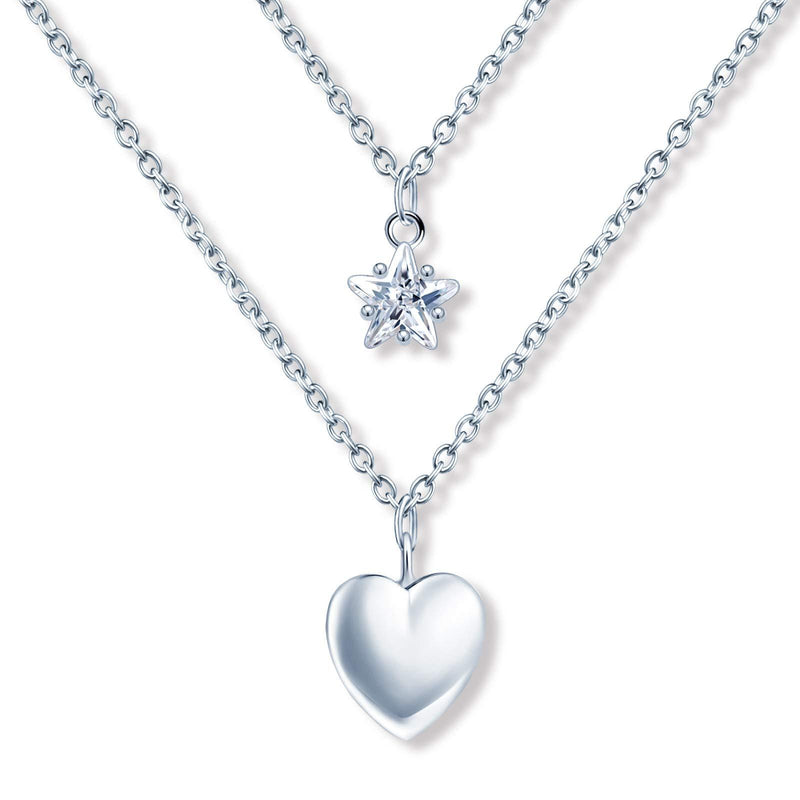 [Australia] - MicLee Women's girl's Necklace pendant, 925 Sterling Silver necklace, Creative heart and star necklace, mini shiny pendant, double chain, Inlaid zircon, silver 