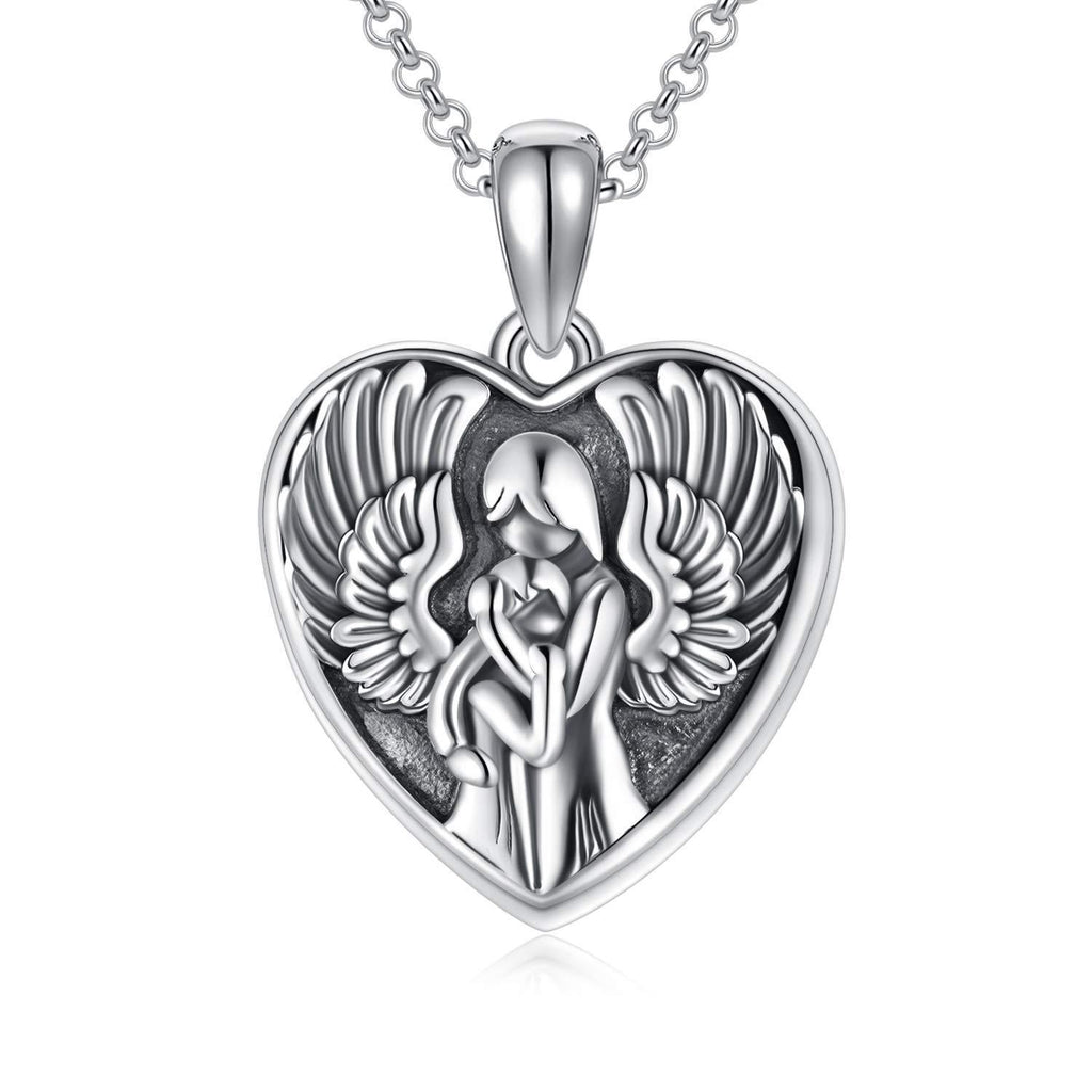 [Australia] - 925 Silver Heart Shaped Pendant Necklace that Holds Pictures Love Memory Jewellery Gift for Women Girlfriend Mum Two Angels 