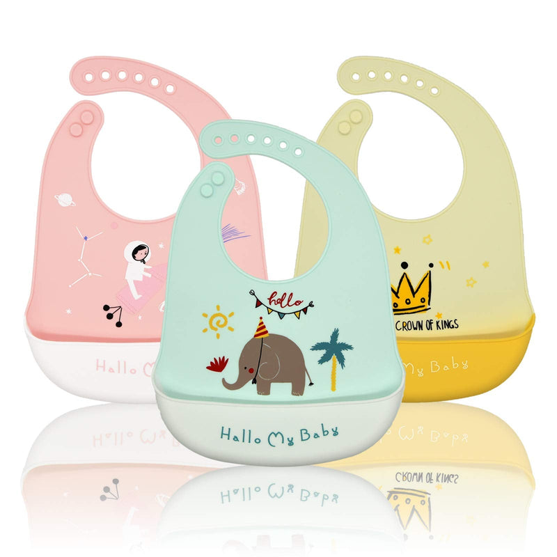 [Australia] - Baogaier Bibs Silicone Baby, 3 PCS Waterproof Weaning Bib for Babies Toddlers with Food Catcher Pocket, Soft Roll Up Easy Wipes Clean Plastic Feeding Bibs for Newborn Girl, Pink Blue Yellow Elephant, Crown, Outer Space 